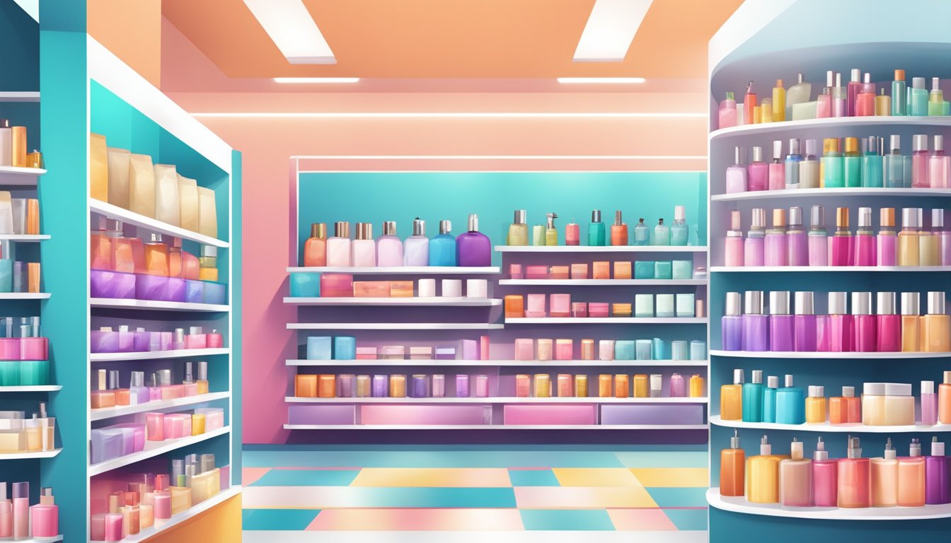 A colorful array of beauty products displayed on sleek shelves in a modern, well-lit store