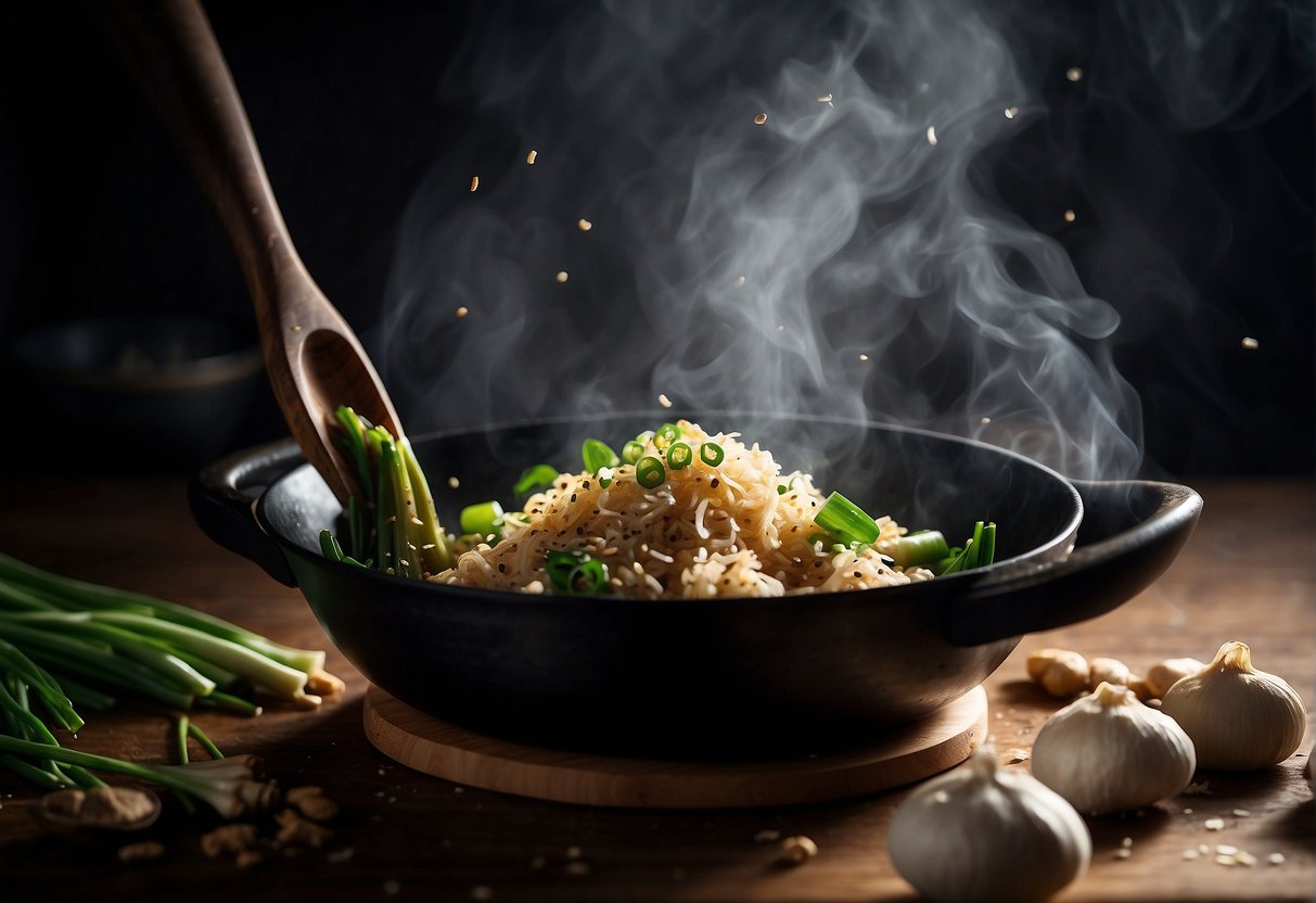 A chef stir-frying burdock, ginger, and soy sauce in a sizzling wok. Green onions and sesame seeds garnish the dish