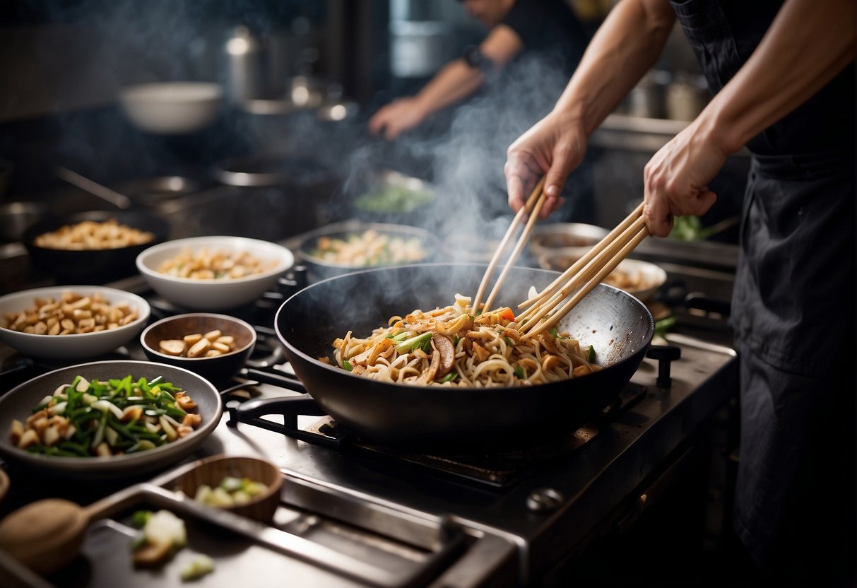 A wok sizzles as burdock roots are stir-fried with garlic and ginger in a bustling Chinese kitchen. A chef's hand tosses the ingredients with precision