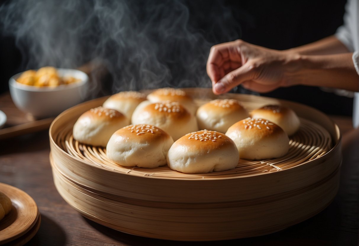 A hand placing freshly baked Chinese buns into a bamboo steamer, with a stack of steamed buns in the background