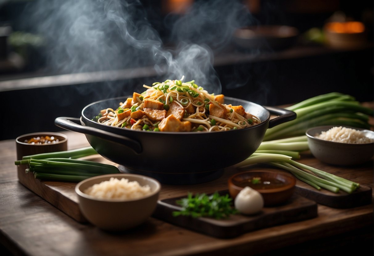 A wok sizzles with stir-fried burdock, ginger, and soy sauce. A steaming bowl of burdock soup sits on the side. Green onions garnish the dishes