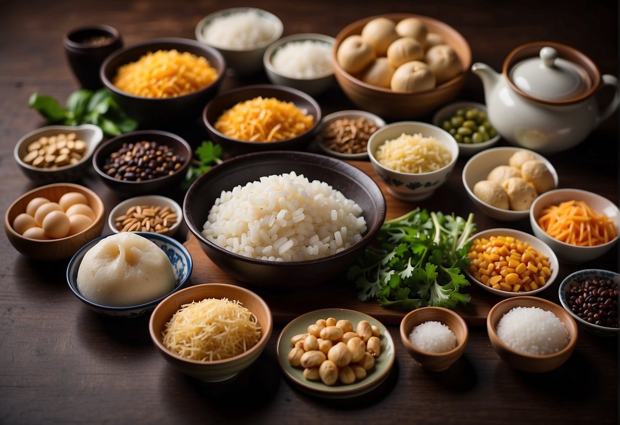 A table with various Chinese bun ingredients and recipe variations laid out for preparation