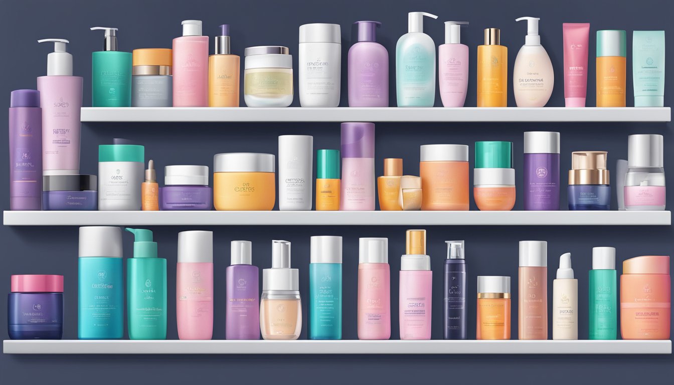 A shelf filled with sleek, modern skincare products bearing the logos of various innovative beauty brands
