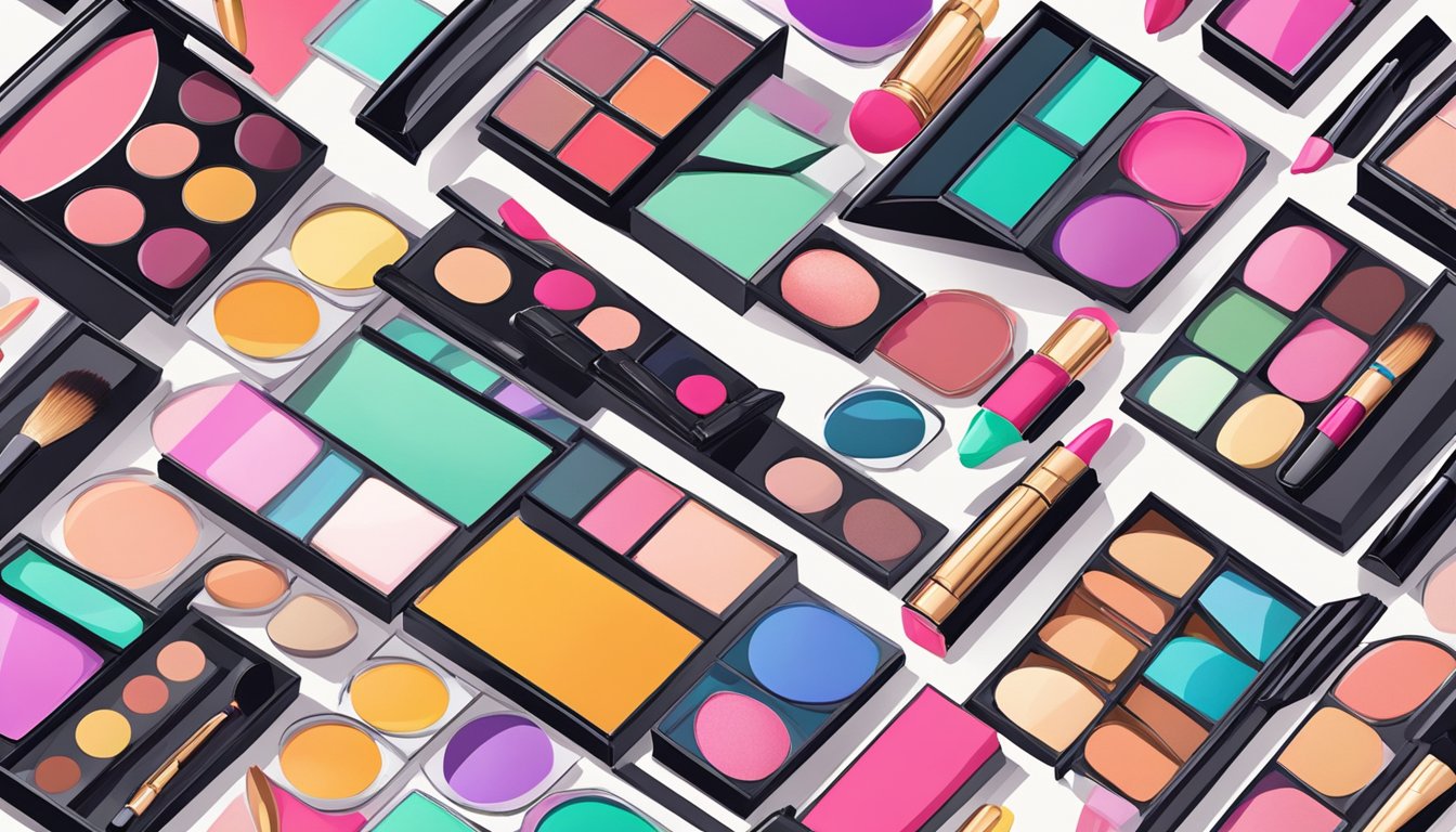 A colorful array of makeup products lines a sleek, modern display. Trendy palettes, bold lipsticks, and shimmering highlighters catch the eye
