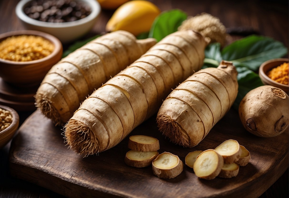 A colorful array of fresh burdock root, ginger, and other Chinese ingredients, with labels highlighting their health benefits and nutritional information
