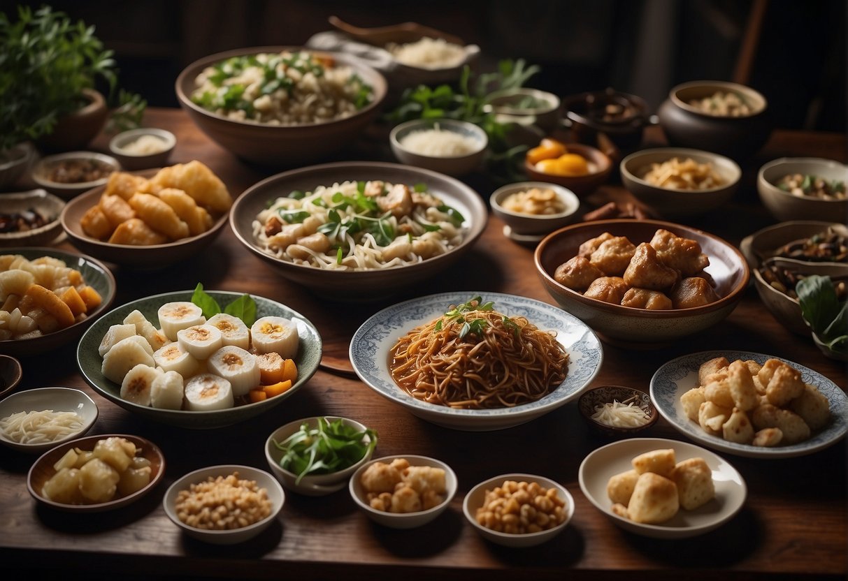 A table with various Chinese dishes, including burdock recipes, surrounded by curious onlookers