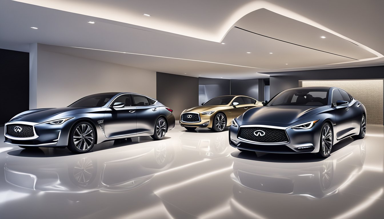 The current model lineup of Infiniti cars is displayed in a sleek showroom with modern lighting and a clean, minimalist design