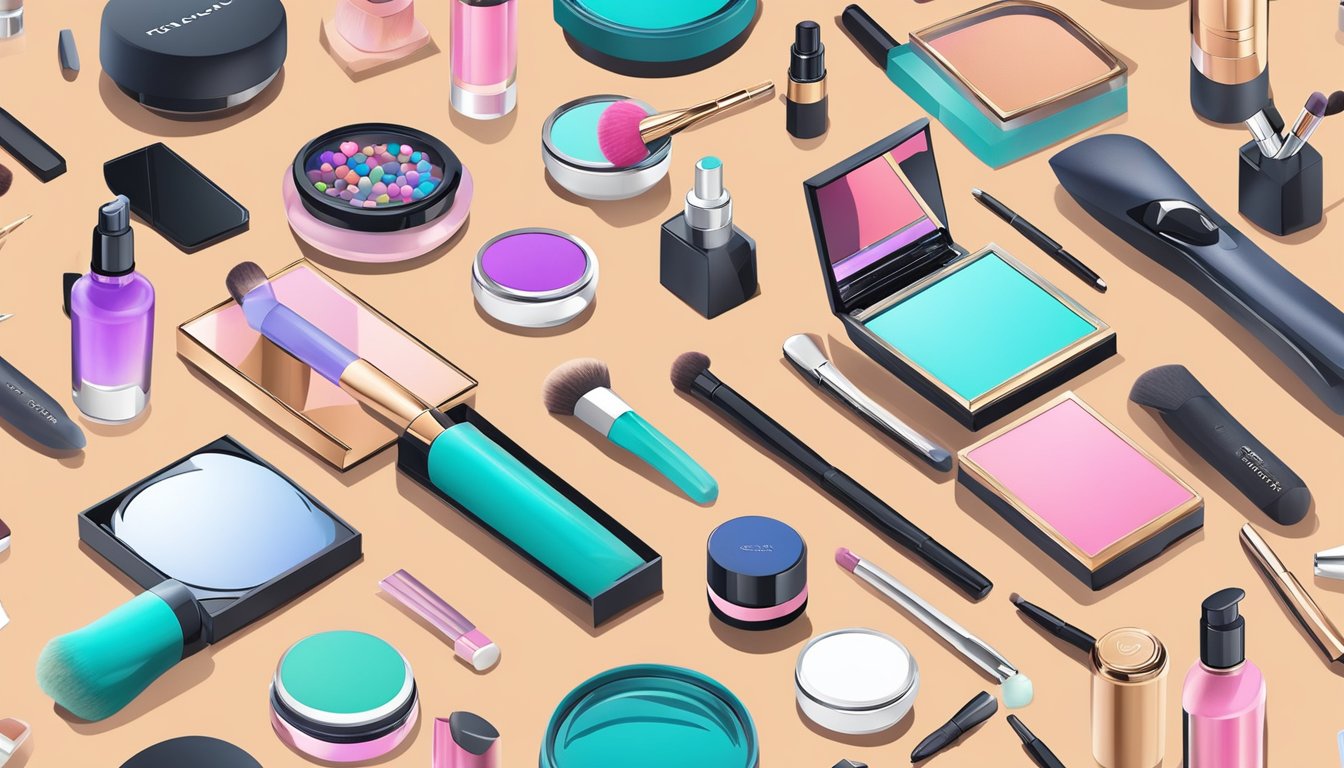 Various beauty tools and technology scattered on a sleek, modern vanity. Products from popular beauty brands are neatly displayed, showcasing the latest innovations in the industry