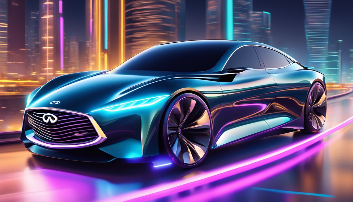 A sleek Infiniti car speeds through a futuristic cityscape, with neon lights and cutting-edge architecture in the background