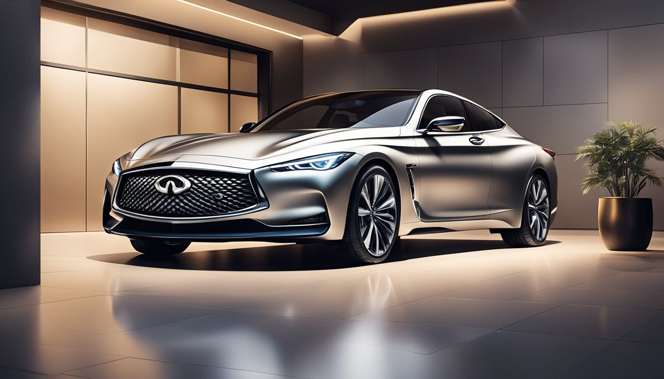 An Infiniti car parked in a sleek, modern garage with ambient lighting and a luxurious interior, showcasing the brand's premium ownership experience