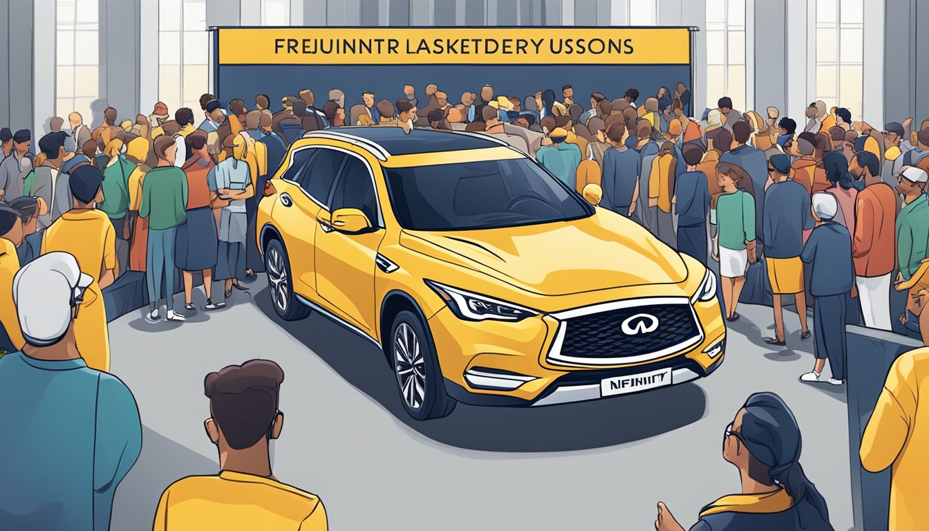 An Infiniti car surrounded by a crowd of people, with a large sign reading "Frequently Asked Questions" in the background