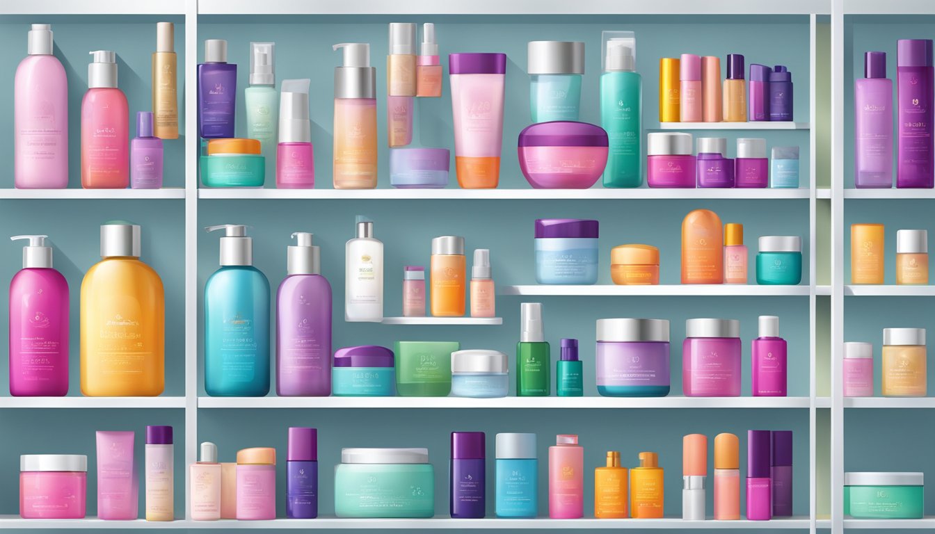 A display of various beauty products arranged on shelves, with vibrant packaging and clear labels, showcasing a range of options for consumers