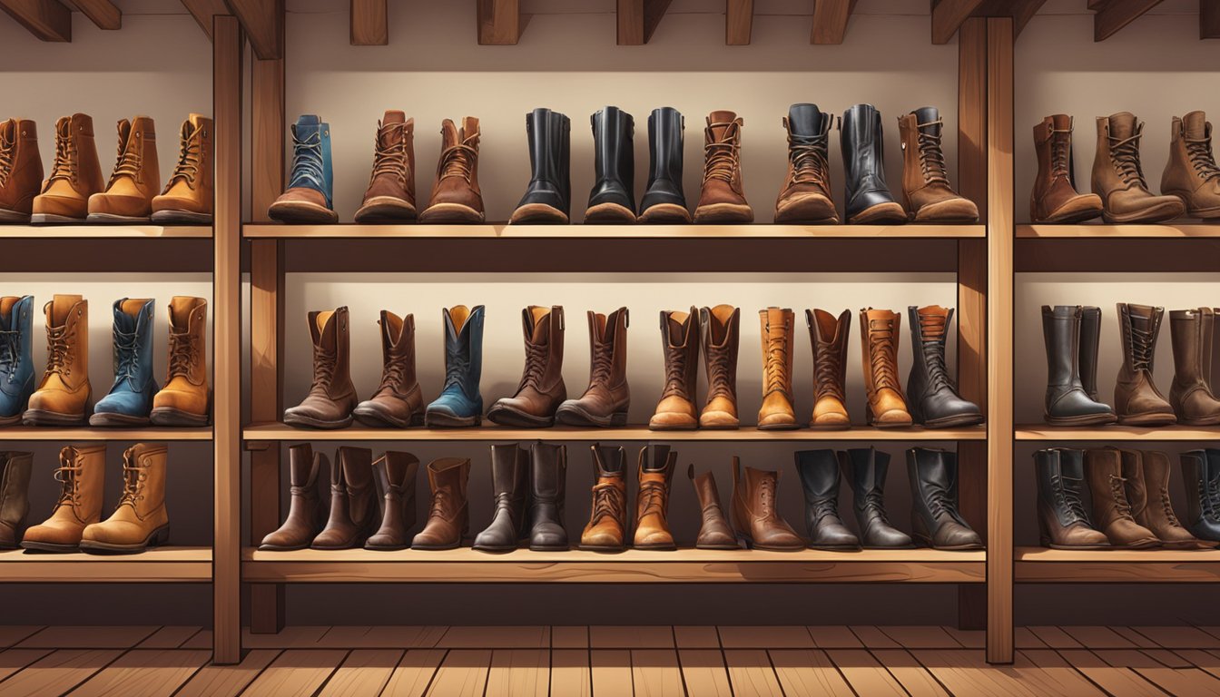 A row of various boot brands displayed on wooden shelves in a rustic, well-lit store