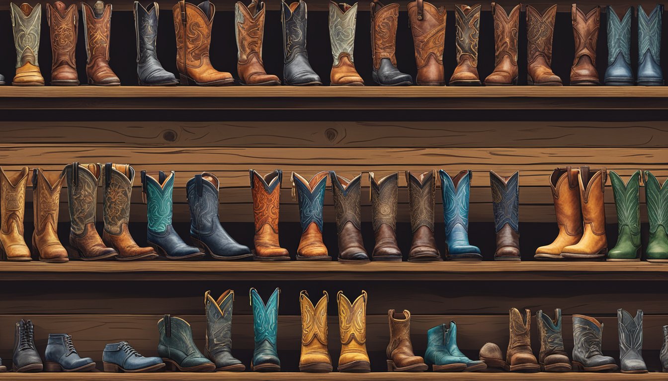 A collection of iconic boot brands lined up on a rustic wooden shelf, showcasing their distinctive designs and logos
