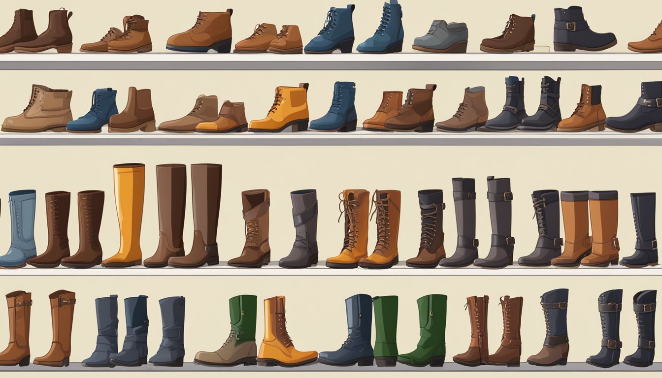 A row of various types of boots from different brands displayed on a shelf
