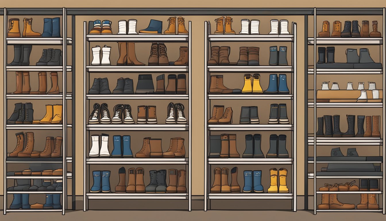 A display of various boot brands arranged on shelves, with different styles and colors to choose from