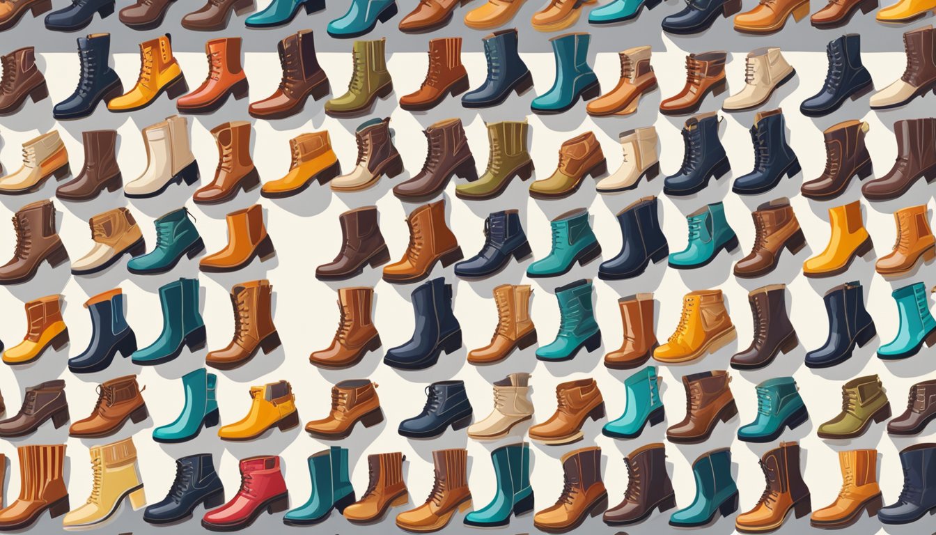 A colorful array of trendy boot brands lined up on a display shelf, showcasing various styles and designs for the fashion-conscious consumer
