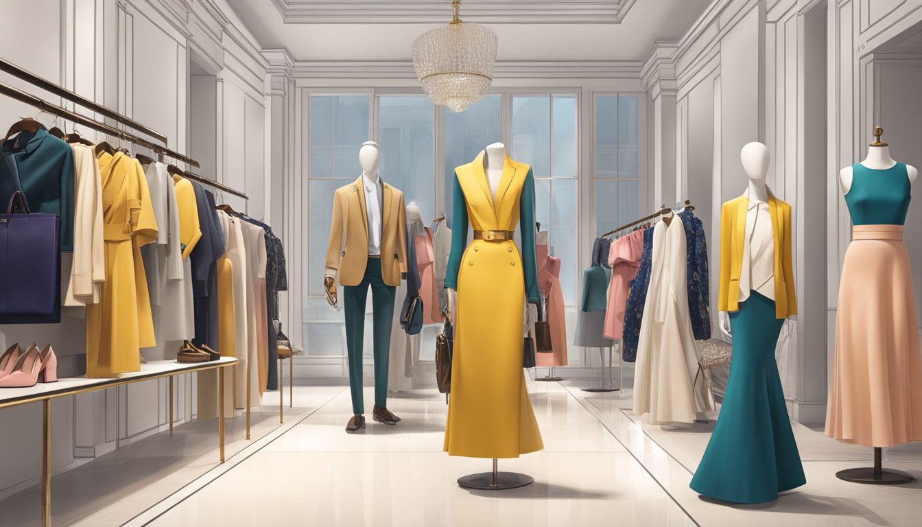 A vibrant display of Italian fashion brands showcased in a high-end boutique setting. Mannequins adorned in luxurious garments and accessories, surrounded by elegant displays of shoes and handbags