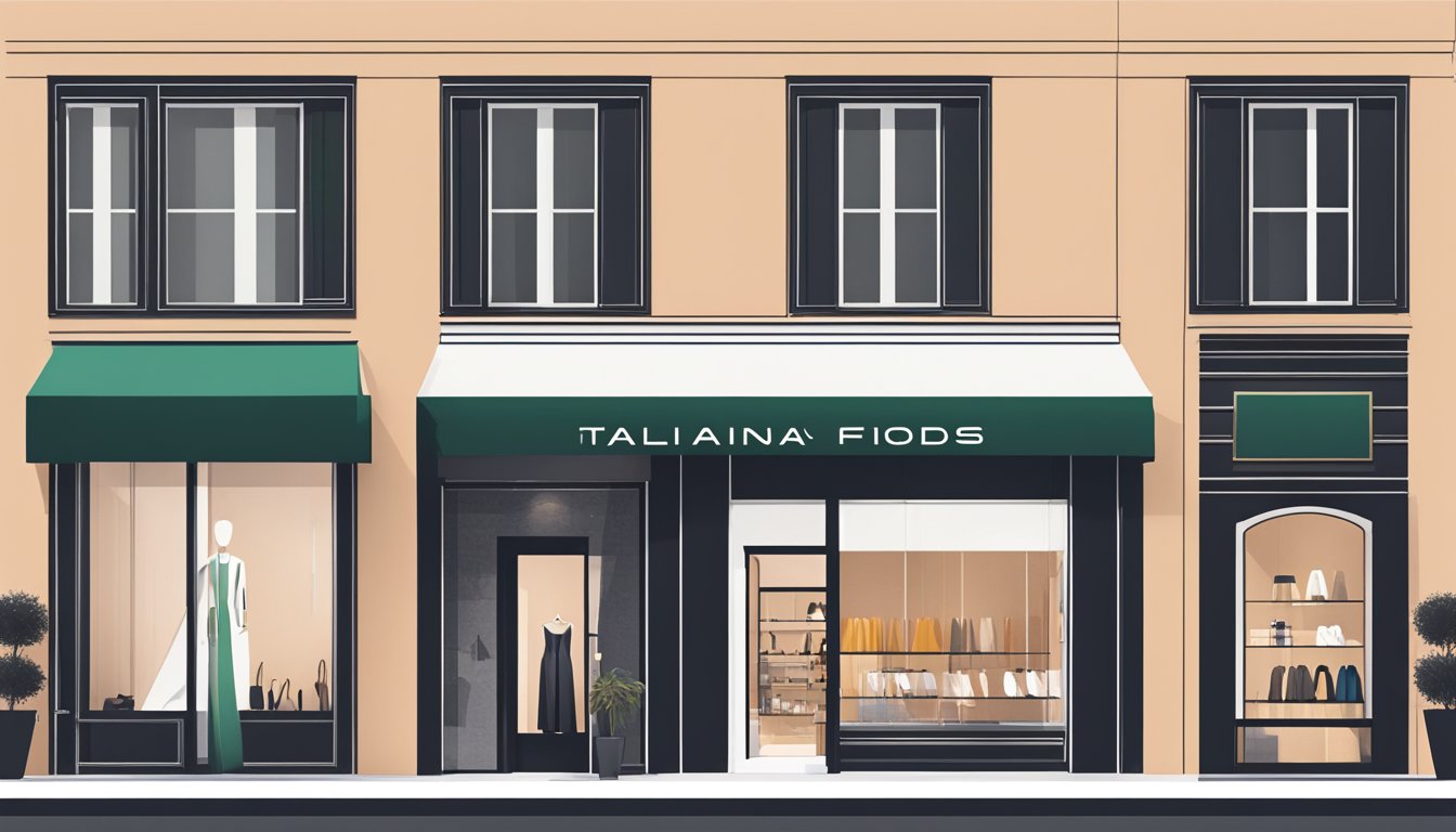 A sleek, minimalist storefront with bold signage and clean lines, showcasing cutting-edge Italian fashion designs