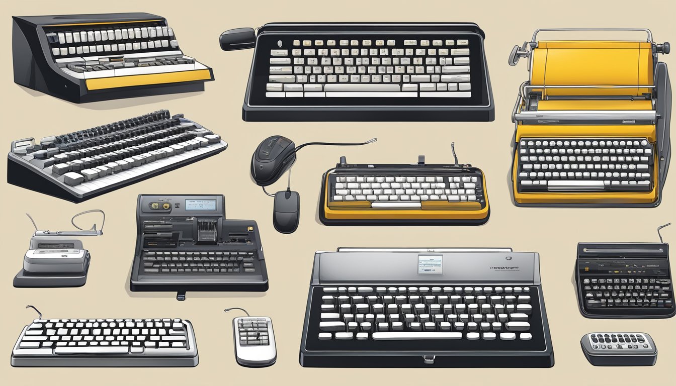 A timeline of keyboards from vintage typewriters to modern mechanical and ergonomic designs, showcasing iconic brands and their evolution