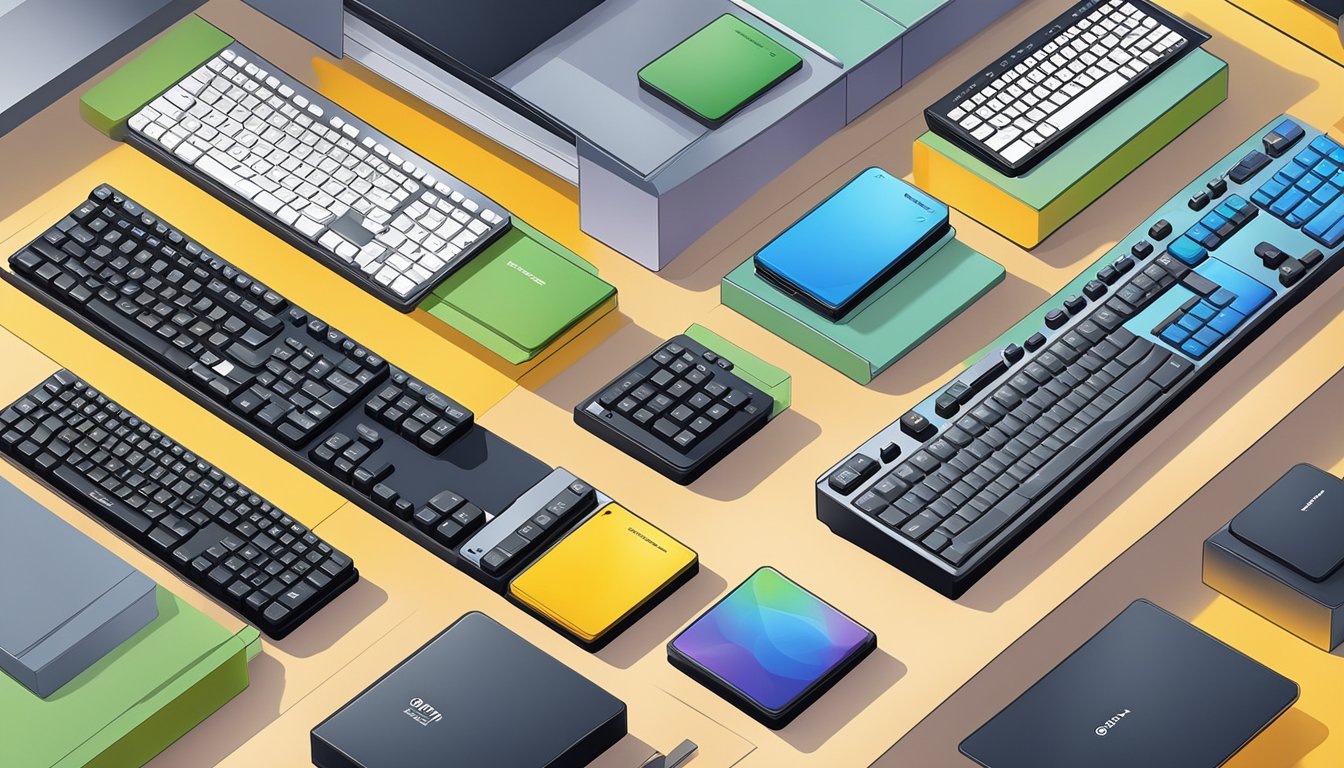 Various keyboard brands displayed on shelves, with different sizes and key designs. Bright lighting highlights the products