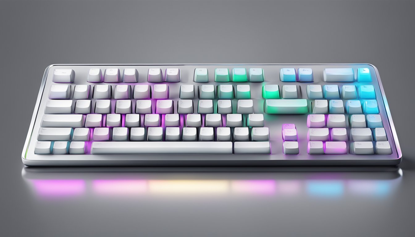 A row of sleek, modern keyboards lined up on a reflective surface, each with illuminated keys and distinctive branding