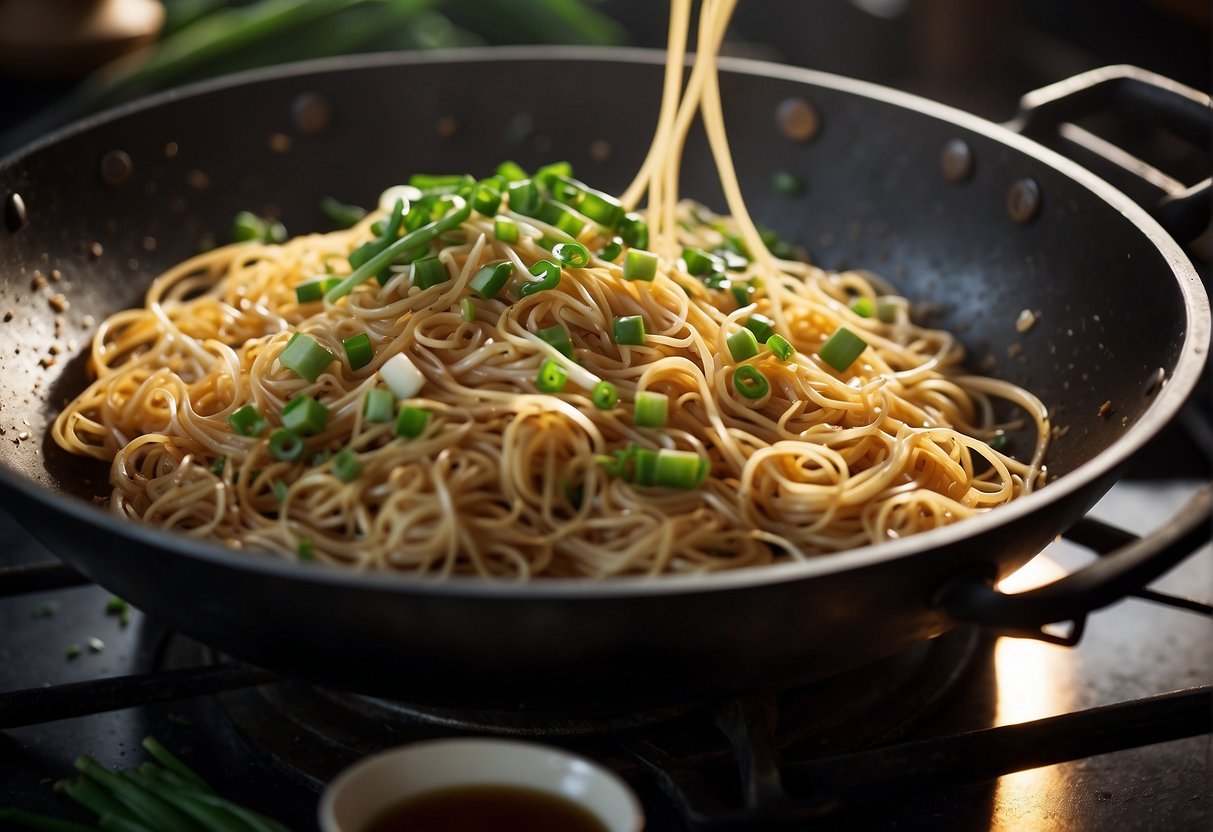A wok sizzles with oil as thin noodles are stir-fried with garlic, ginger, and soy sauce. Green onions and bean sprouts are tossed in, creating a flavorful and aromatic Chinese noodle dish