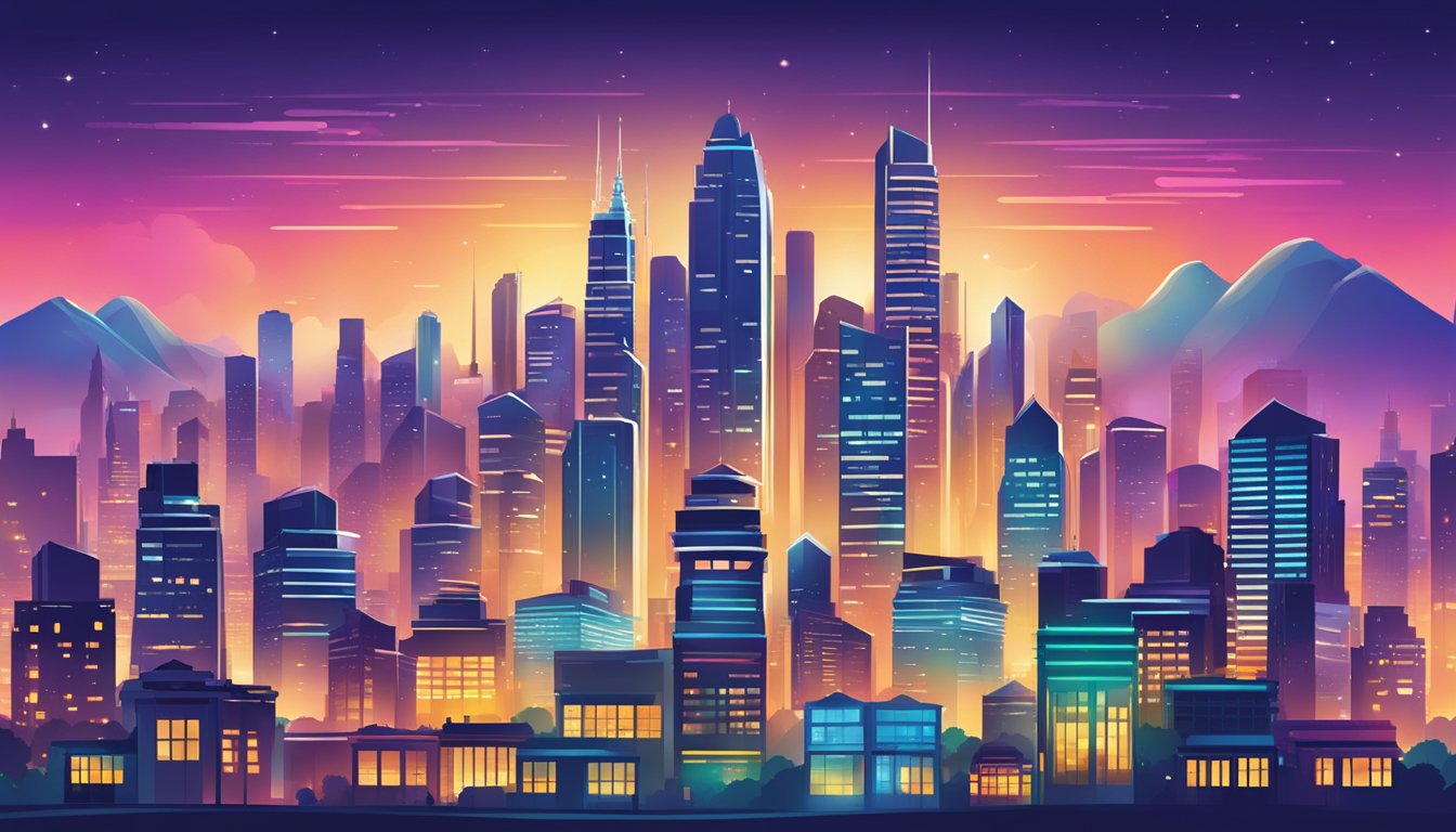 A vibrant city skyline with a prominent logo displayed on a towering building. Bright lights and bustling streets convey a sense of energy and growth