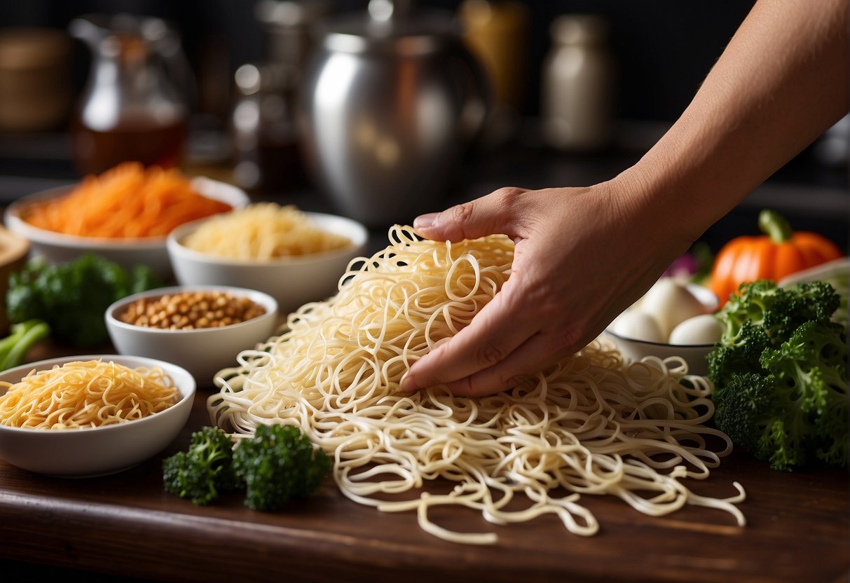 A hand reaches for a bundle of Chinese thin noodles, surrounded by various ingredients like soy sauce, sesame oil, and vegetables on a kitchen counter