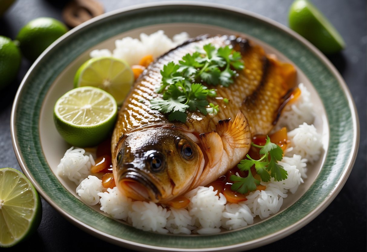 A whole tilapia fish marinated in soy sauce, ginger, and garlic, then steamed with scallions and cilantro. Serve with a side of steamed rice and garnish with fresh lime wedges