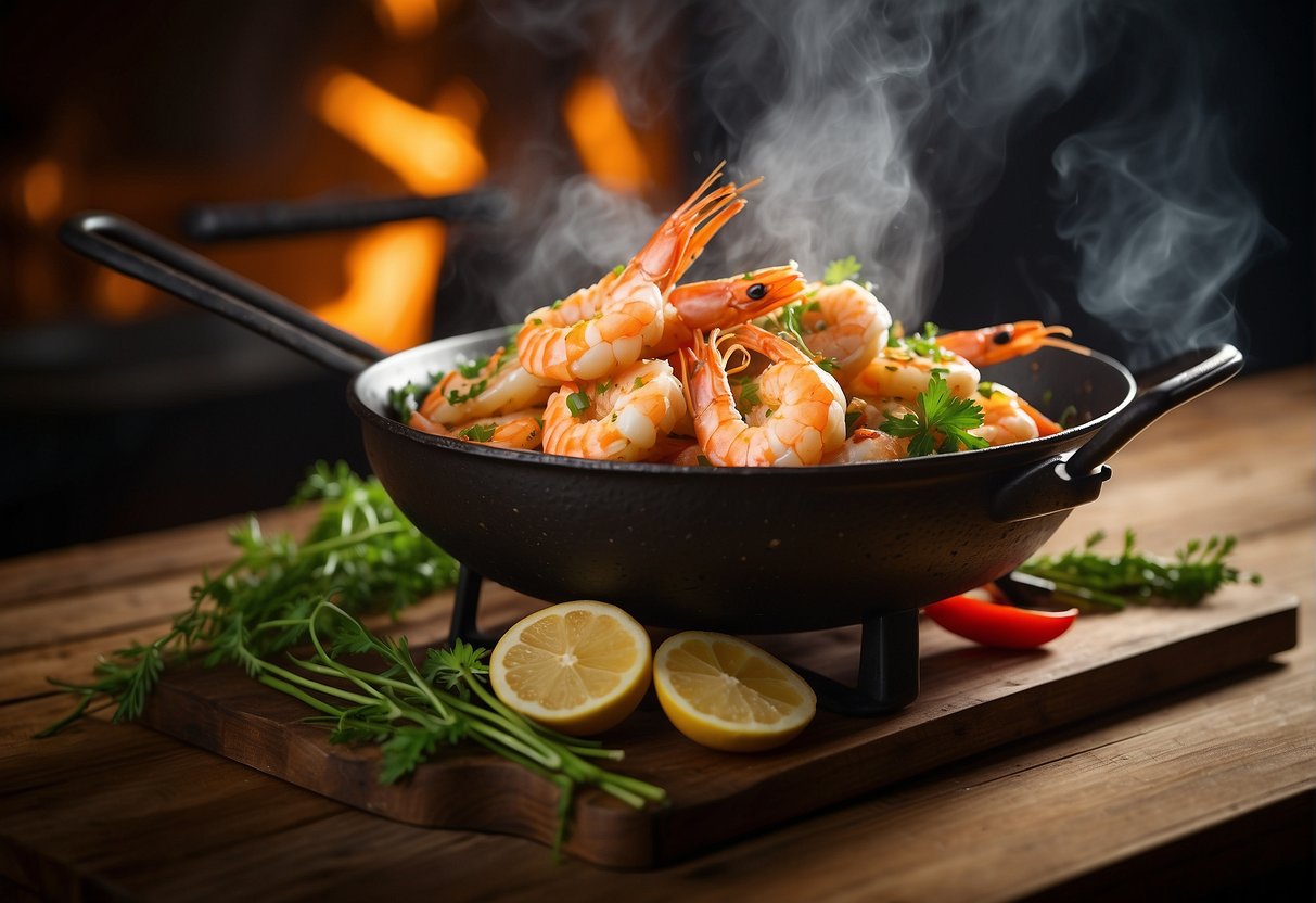 A sizzling wok of butter prawns, infused with aromatic Chinese spices and garnished with fresh herbs, sits on a wooden table, steam rising from the golden crustaceans