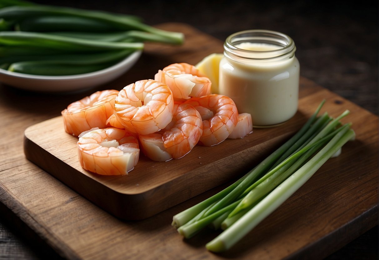 A stick of butter, fresh prawns, soy sauce, garlic, ginger, and green onions on a wooden cutting board