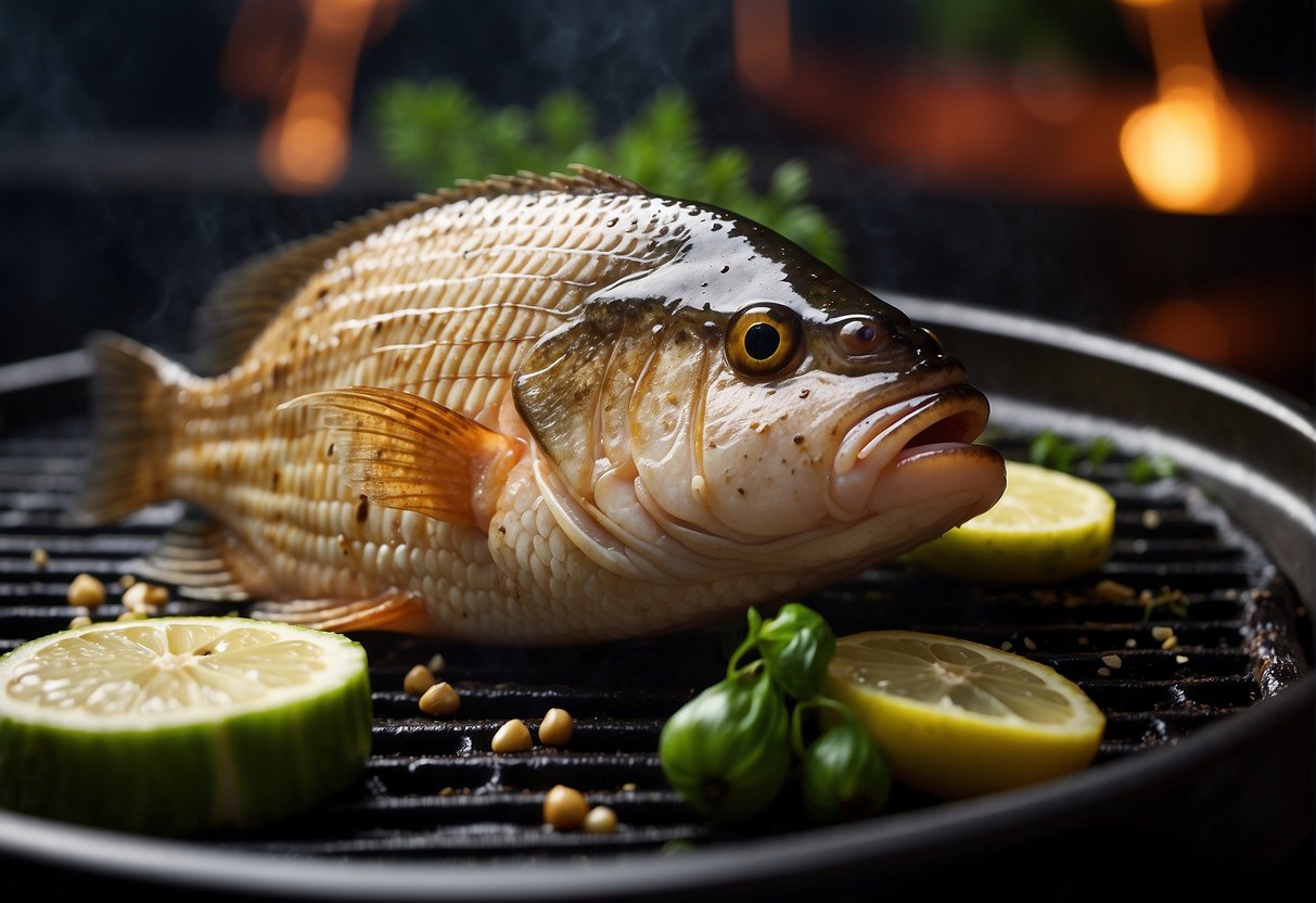A whole tilapia fish being marinated in soy sauce, ginger, and garlic, then placed on a grill with a sprinkle of sesame seeds