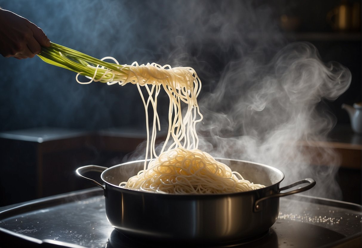 A pot of boiling water, a bundle of thin Chinese noodles being lowered into the water, and steam rising from the pot