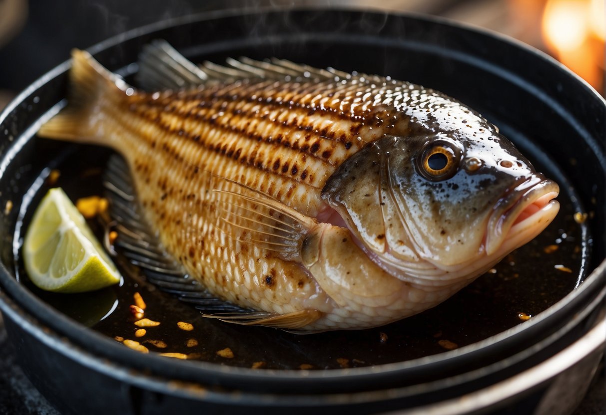 A whole tilapia fish is being marinated in a mixture of soy sauce, ginger, and garlic. It is then being grilled over an open flame, creating a charred and flavorful crust on the outside