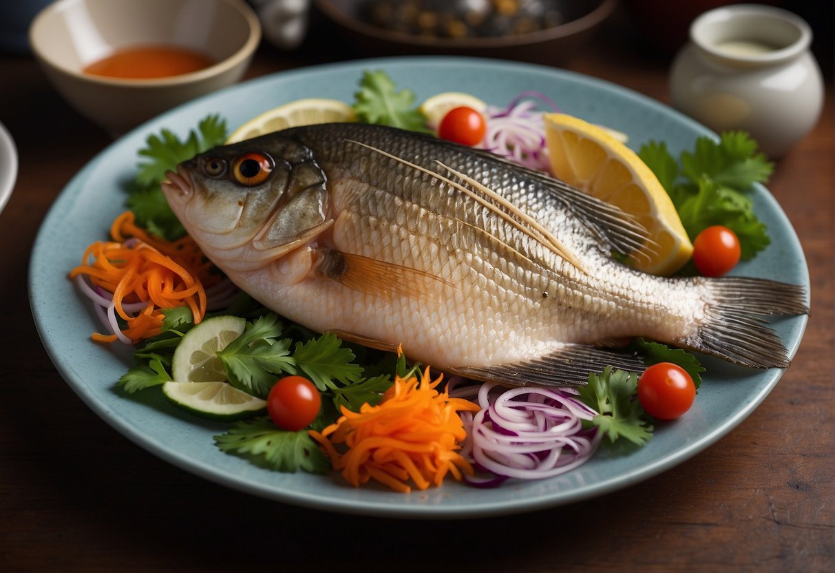 A plate of Chinese tilapia with colorful garnishes, surrounded by cooking utensils and ingredients