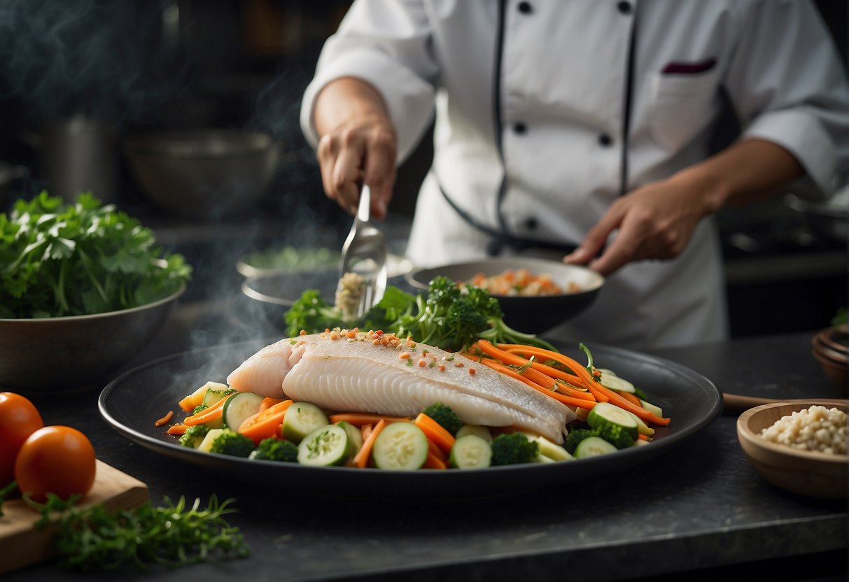A chef preparing a traditional Chinese tilapia dish with a variety of fresh ingredients and seasonings