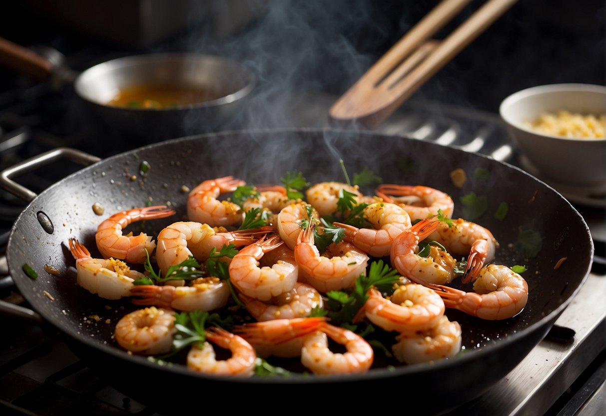A wok sizzles with hot oil as prawns are cleaned and marinated in a fragrant mix of garlic, ginger, and soy sauce. Butter melts in a separate pan, ready to be combined with the prawns for a rich and