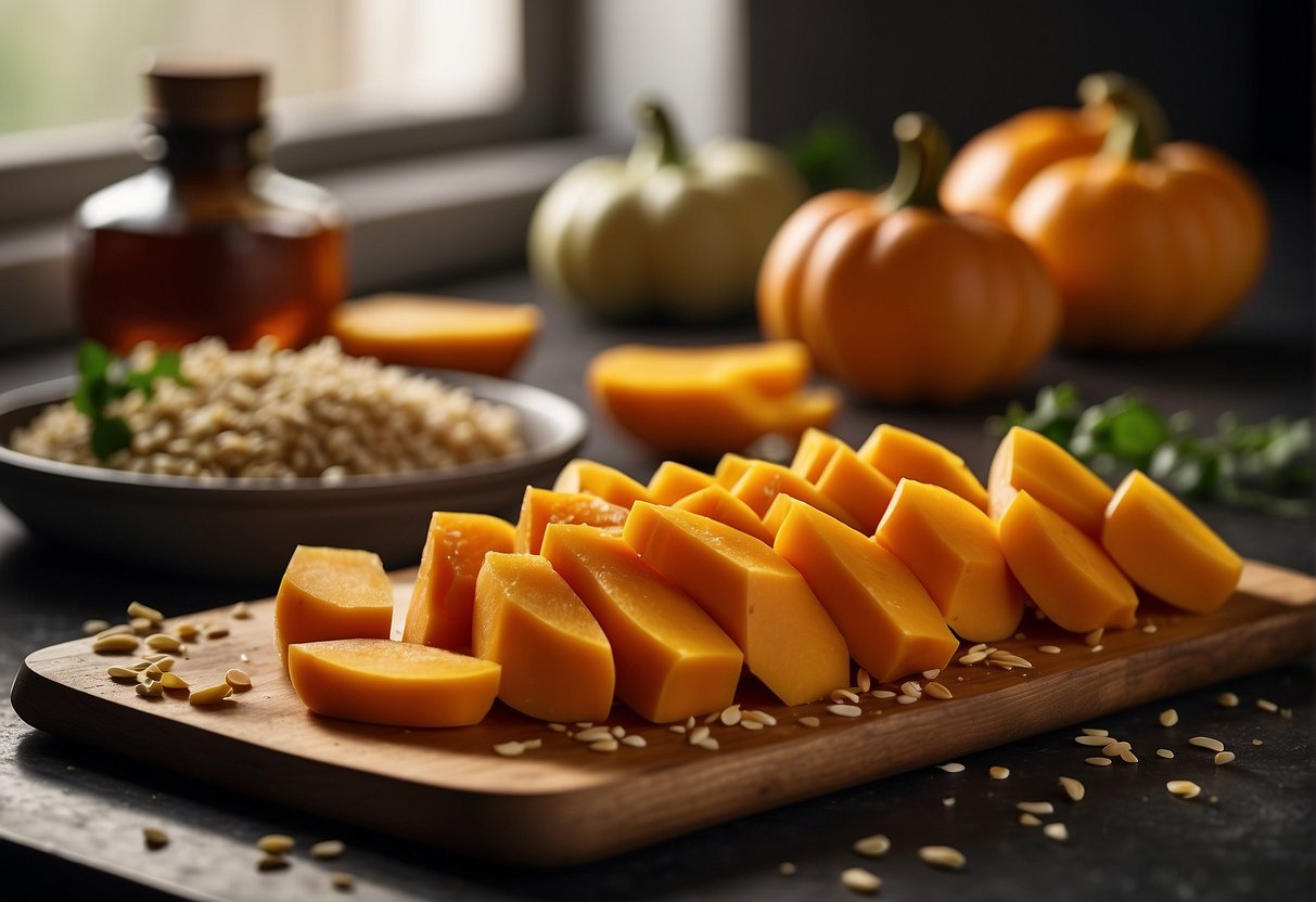 A butternut squash is being sliced and diced with ginger, garlic, and chili peppers nearby. Soy sauce and sesame oil sit on the counter