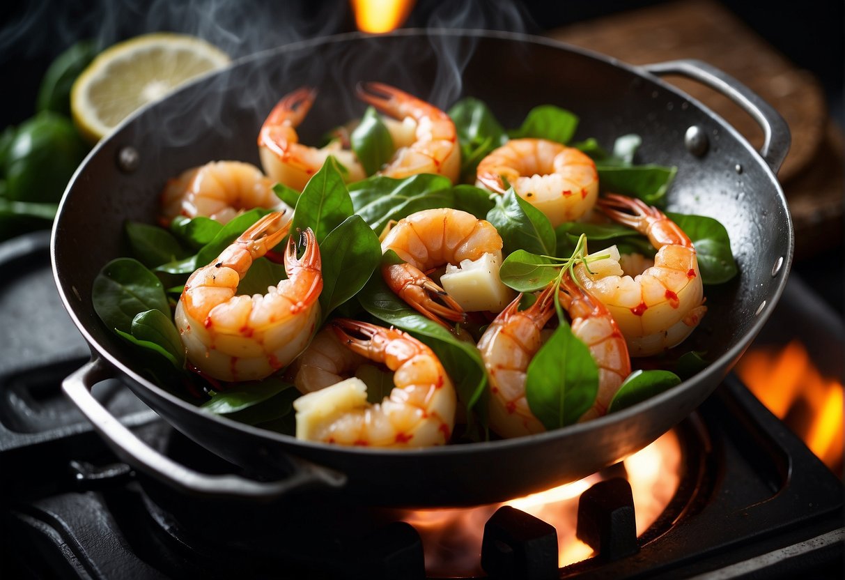 Butter prawns sizzle in a wok with garlic, chili, and curry leaves. Steam rises as the prawns turn pink and fragrant