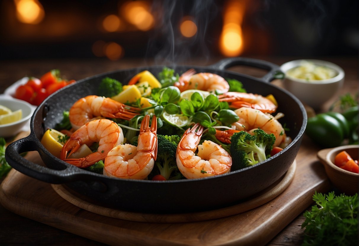 A sizzling hot plate with sizzling butter prawns, garnished with fresh herbs, and surrounded by colorful vegetables