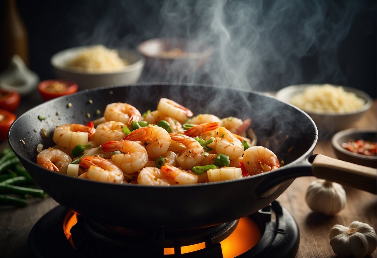 A sizzling wok tosses butter prawns with garlic, ginger, and chili, creating a fragrant and savory Chinese-style dish