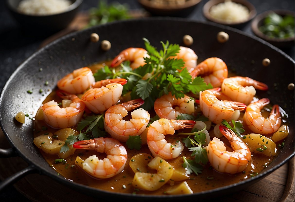 A sizzling wok filled with plump prawns coated in a rich, aromatic Chinese-style butter sauce, garnished with fresh herbs and spices