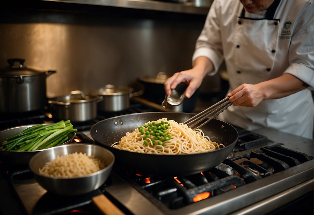 A chef pours soy sauce into a wok filled with sizzling garlic and ginger, while a pot of thin noodles boils on the stove. Green onions, sesame oil, and a hint of chili flakes sit nearby, ready to be added to the mix