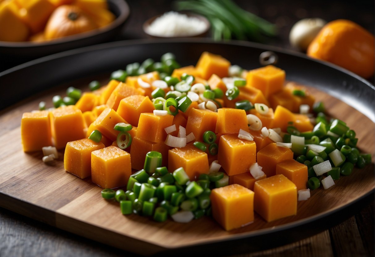 A cutting board with diced butternut squash, ginger, garlic, soy sauce, and green onions. A wok sizzling with oil, stir-frying the ingredients