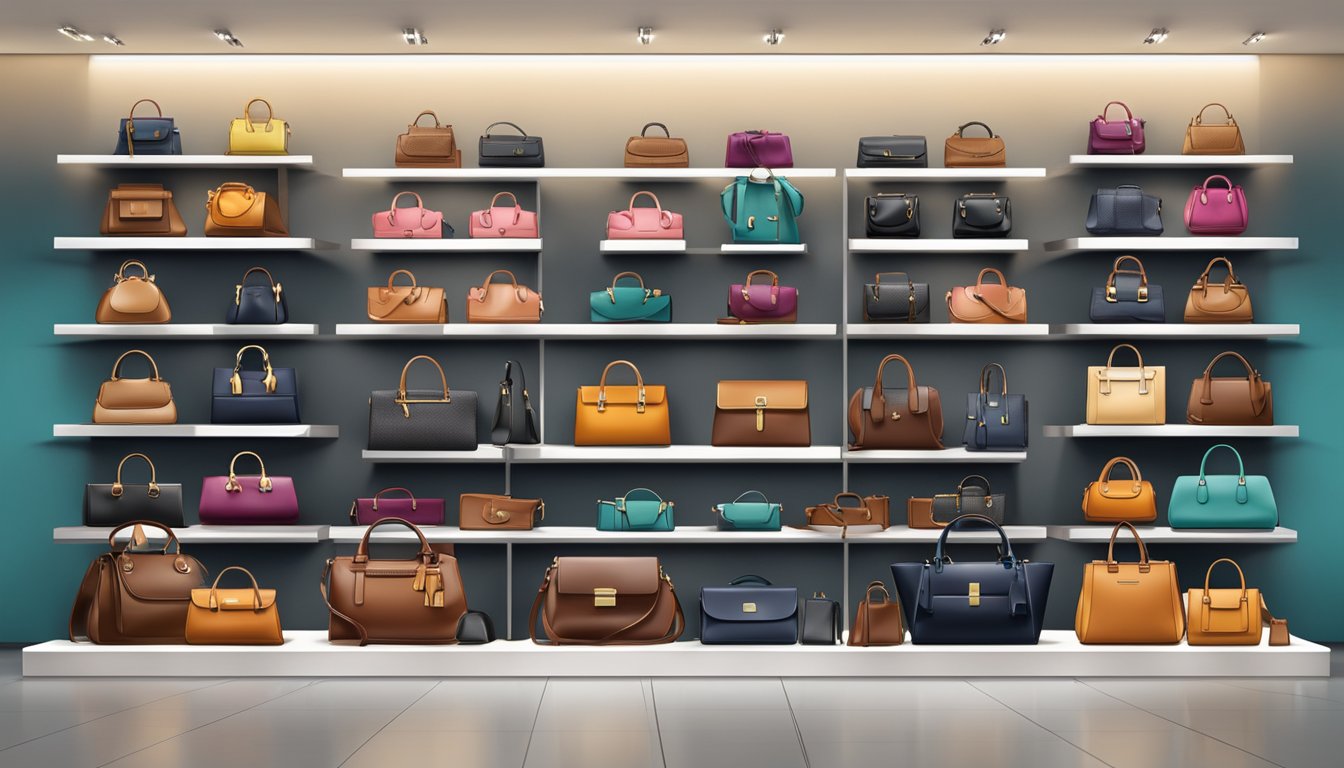 A display of leather handbags from various brands arranged on a sleek and modern store shelf