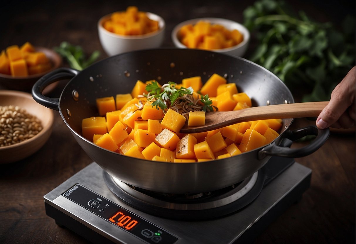 Butternut squash being peeled, diced, and stir-fried with Chinese spices in a sizzling wok
