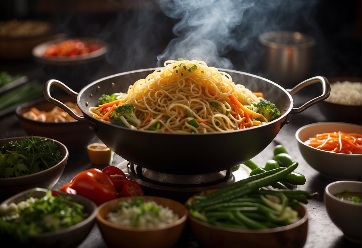 Thin noodles sizzle in a hot wok, surrounded by colorful vegetables and savory sauces. Steam rises as the ingredients are tossed together, creating a mouthwatering aroma