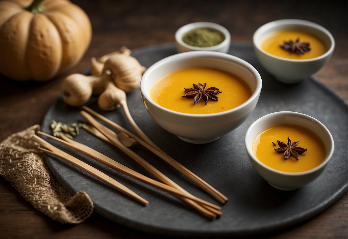 A steaming bowl of butternut squash soup sits next to a plate of fragrant Chinese spices. A pair of chopsticks rests on the side, ready for use