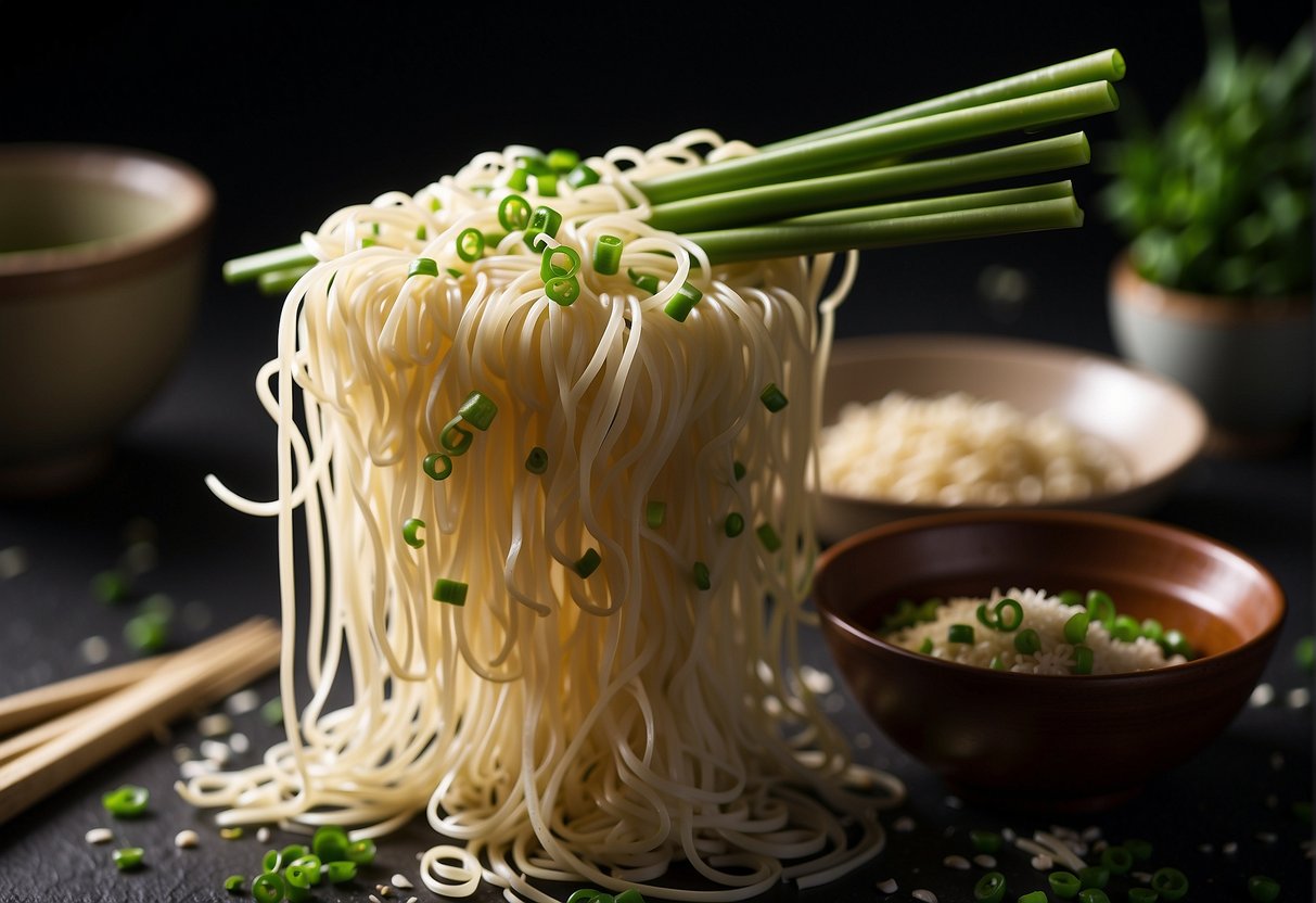 A pair of chopsticks lifts a tangle of Chinese thin noodles, while a sprinkle of green onions and sesame seeds falls from above